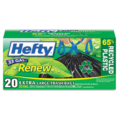 Hefty Renew Recycled Kitchen
&amp; Trash Bags, 33 gal,1.1 mil,
24 x 27 1/4, Black