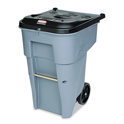 Rubbermaid Commercial
Roll-Out Heavy-Duty Waste
Container, Square,
Polyethylene, 65 gal, Gray