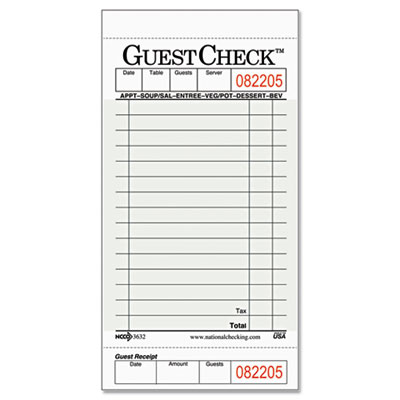 National Checking Company
Guest Check Pad w/Stub, 3 1/2
x 6 3/4, 50 Checks/Pad, 50
Pads/Case