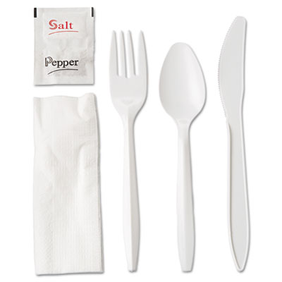 GEN Wrapped Cutlery Kit, 6
1/4&quot;,
Fork/Knife/Spoon/Napkin/Salt/P
epper, White