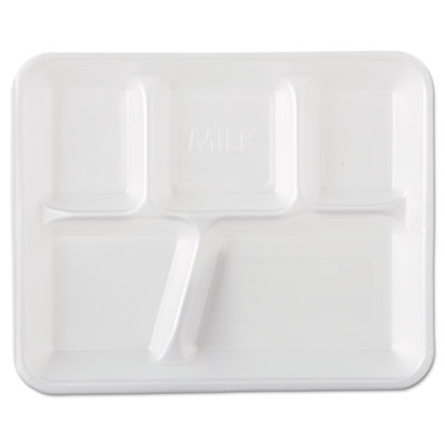 Genpak School Tray Foam
Serving Trays, 10 2/5 x 8 2/5
x 1 1/4, White,
Five-Compartment