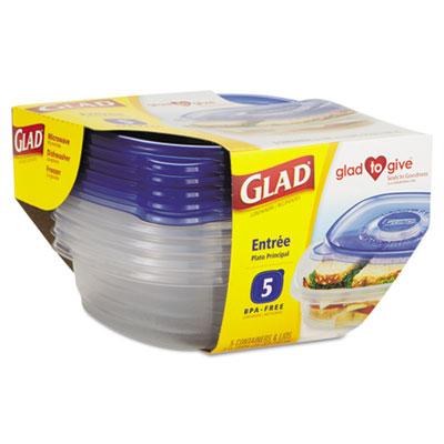 Glad GladWare Entre Container
with Lid, 25 oz., Plastic,
Clear, 5/Pack