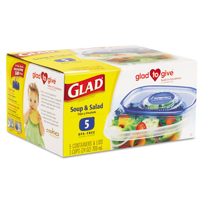 Glad GladWare Soup and Salad
Food Container w/Lid, 24 oz.,
Plastic, Clear, 6/5 Case