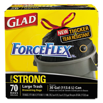 Glad Drawstring ForceFlex
Large Trash Bags, 30 x 32,
30gal, 1.05mil, Black, 70/Case