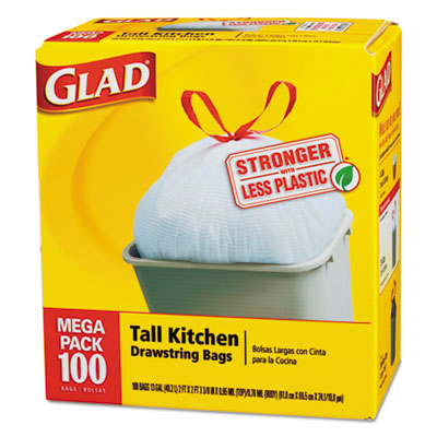 Glad Drawstring Tall Kitchen
Bags, 13 gallon, .95mil, 24 x
27 3/8, White