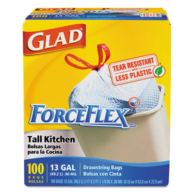 Glad Drawstring ForceFlex
Tall Kitchen Bags, 13 gal,
.95mil, 24 x 28, White