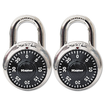 Master Lock Combination Lock,
Stainless Steel, 1-7/8&quot; Wide,
Black Dial, 2/Pack