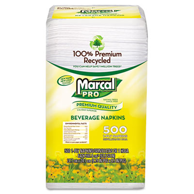 Marcal PRO Premium Recycled Beverage Napkins, 1-Ply, 9.75