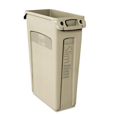 Rubbermaid Commercial Slim
Jim Receptacle, Venting
Channel, Rectangular,
Plastic, 23gal, Beige