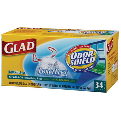 Glad ForceFlex OdorShield
Bags, 13 gal, 24 x 28, White,
25/Box