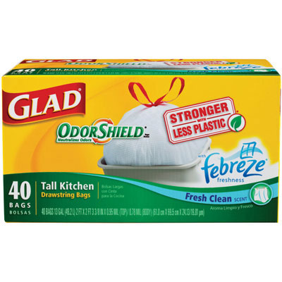 Glad OdorShield Tall Kitchen
Bags, 13 gal, 24 x 28, White,
40/Box