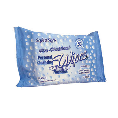 Hospital Specialty Co. Safe &amp;
Soft Flushable Personal
Wipes, Resealable Pack,
50/Pack