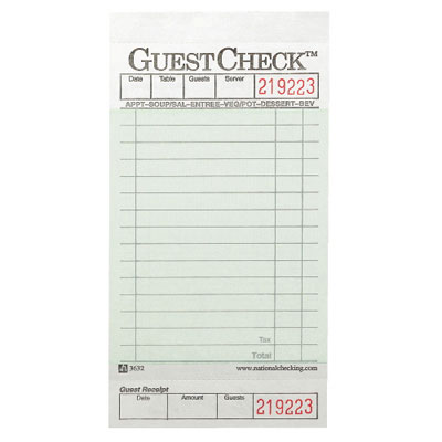 National Checking Company
Guest Check Pad, w/Stub,
3-1/2 x 6-3/4, 1-Part
Carbonless