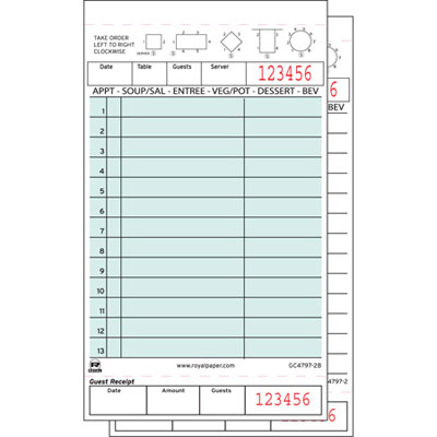 Royal Guest Check Book,
Carbonless Duplicate, 4 1/5 x
7 3/4, 200/Pack