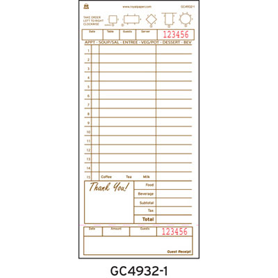 Royal Guest Check Book,
Single Sheet, 4.21 x 9.02,
200/Pack